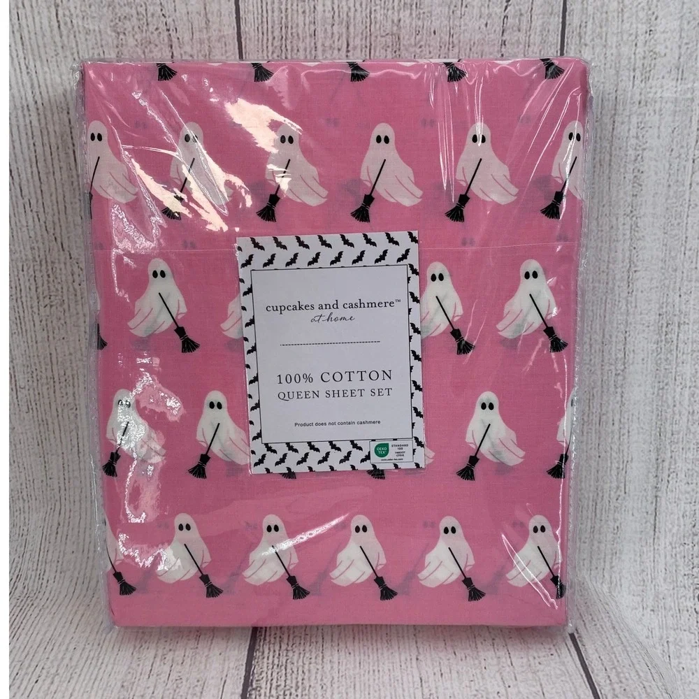 Cupcakes and Cashmere Sheet Set QUEEN Pink Ghost Halloween 100% Cotton Whimsical